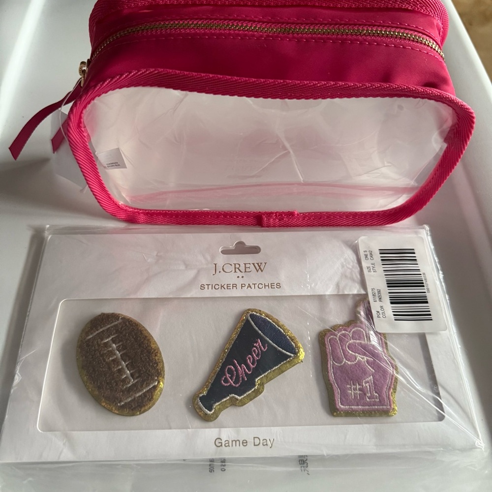 J.Crew Pink Transparent Cosmetic Bag with Game Day Patches